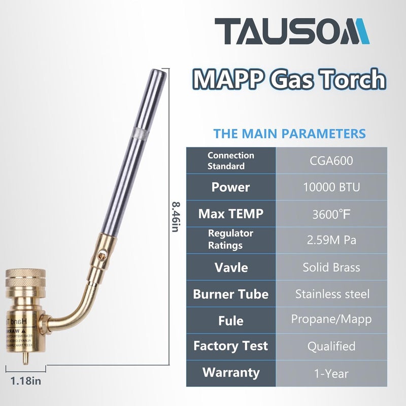 TAUSOM Propane Mapp Gas Torch Head 360° Rotatable Nozzle, Plumbing Torch Heat Adjustable Fuel by Propane Mapp Map-Pro Canisters, High Intensity, Brass Pressure Regulator - Image 2
